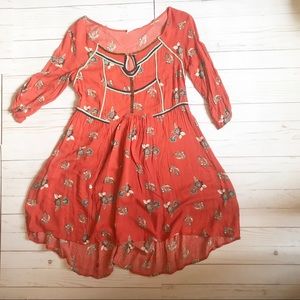 Free People Orange Floral Boho Dress Embroidered